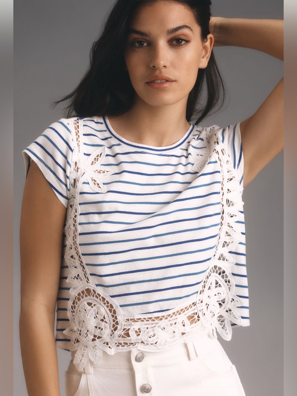 Maeve by Anthropologie White & Blue Striped Lace-Trim Cotton Tee
